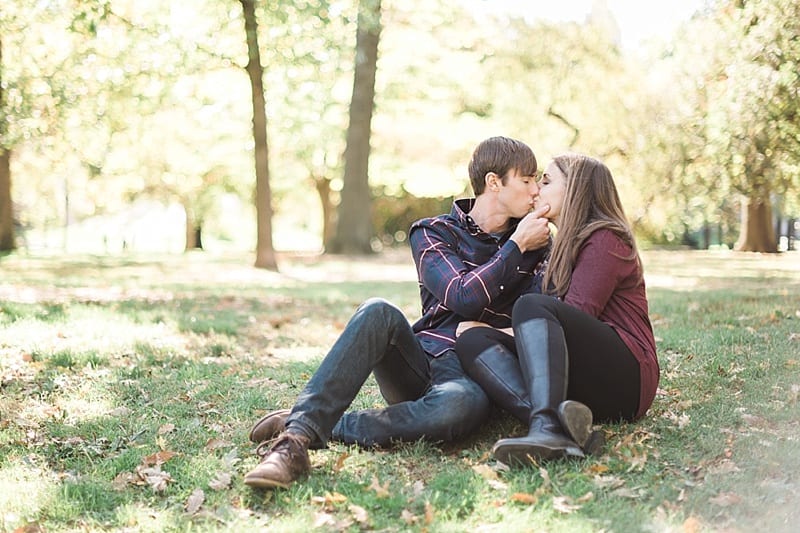 central park kissing engagement photo