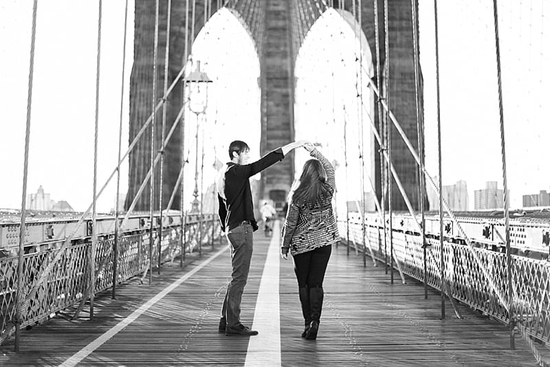 Brooklyn Bridge sunrise dancing engagement photos