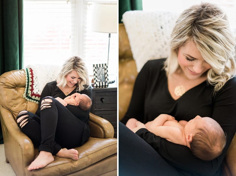 raleigh nc mom snuggling newborn in a leather chair photo