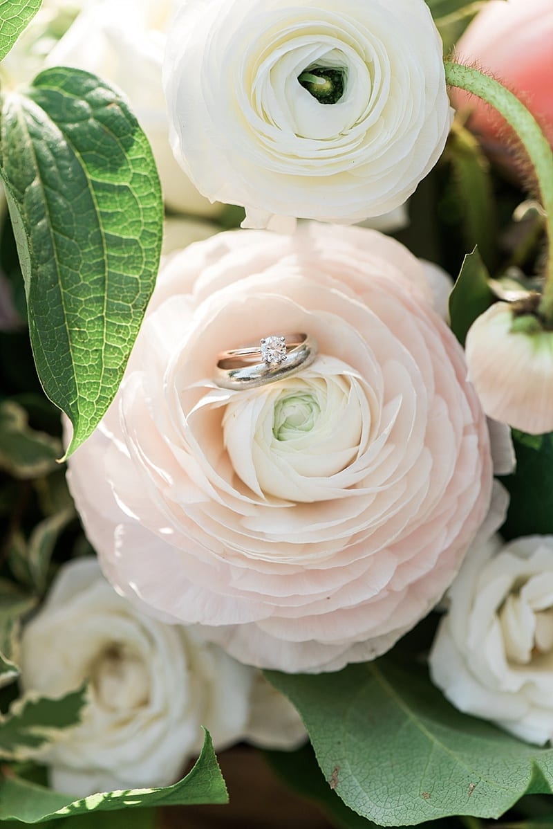 wedding rings on blush ranunculus photo