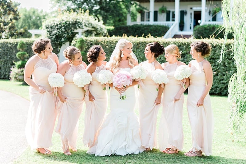 bridesmaids in long blush gowns photo