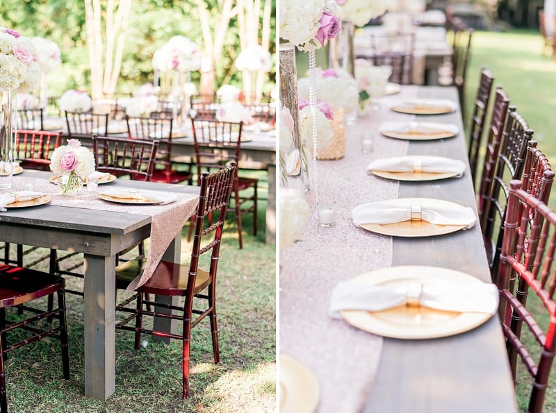 farm table with pink sequin runner wedding reception detail photo