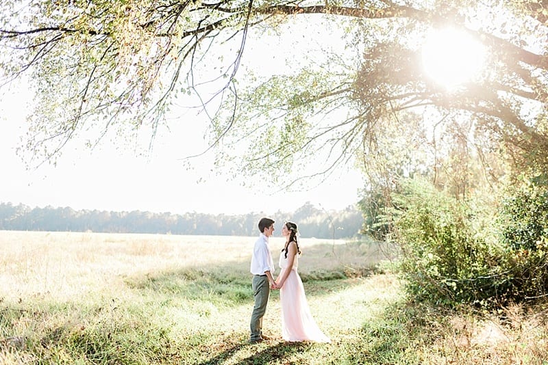 nc romantic engagement photos in a field under a tree photo