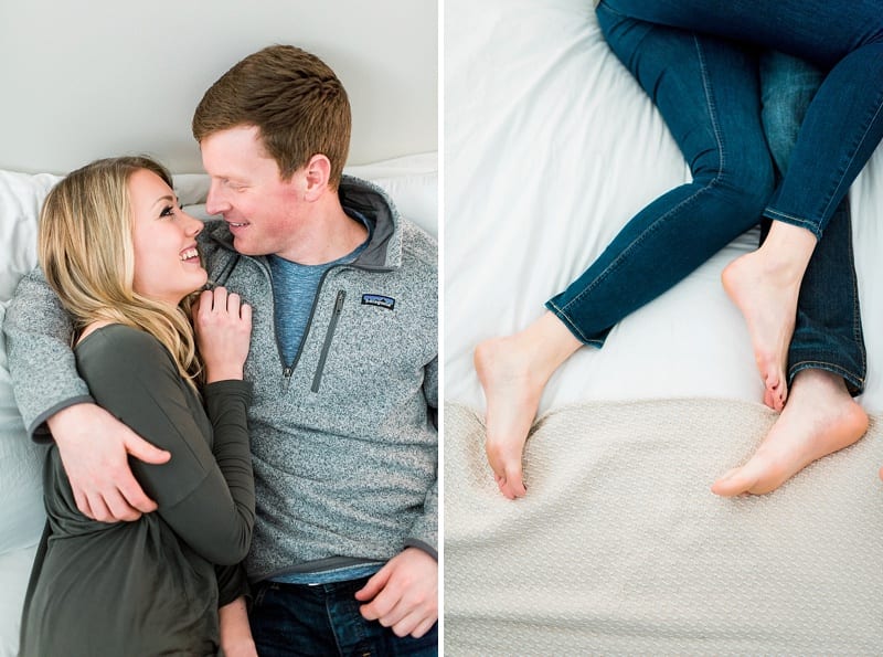 indoor portrait session on bed cuddling and feet photo