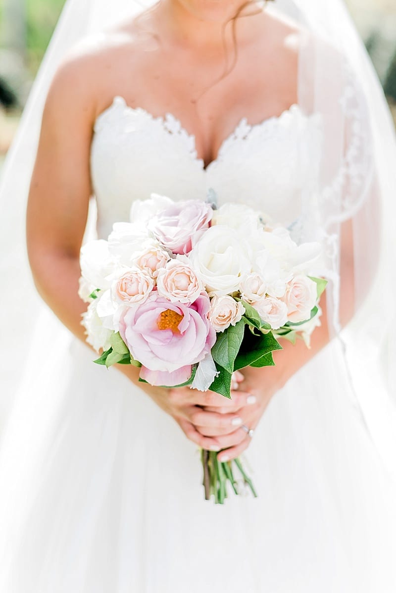 pink and white bushel and peck bridal bouquet photo