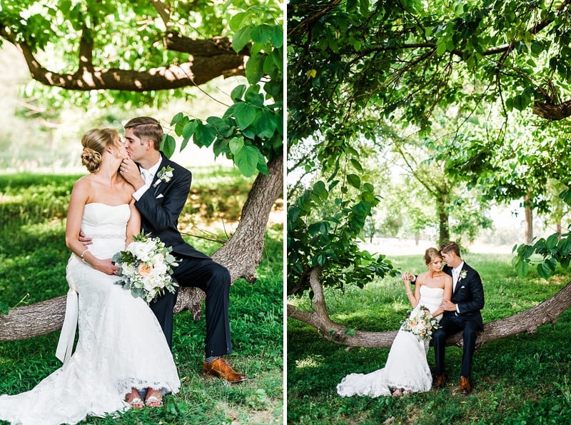 oaks at salem bride and groom kissing in a tree photo