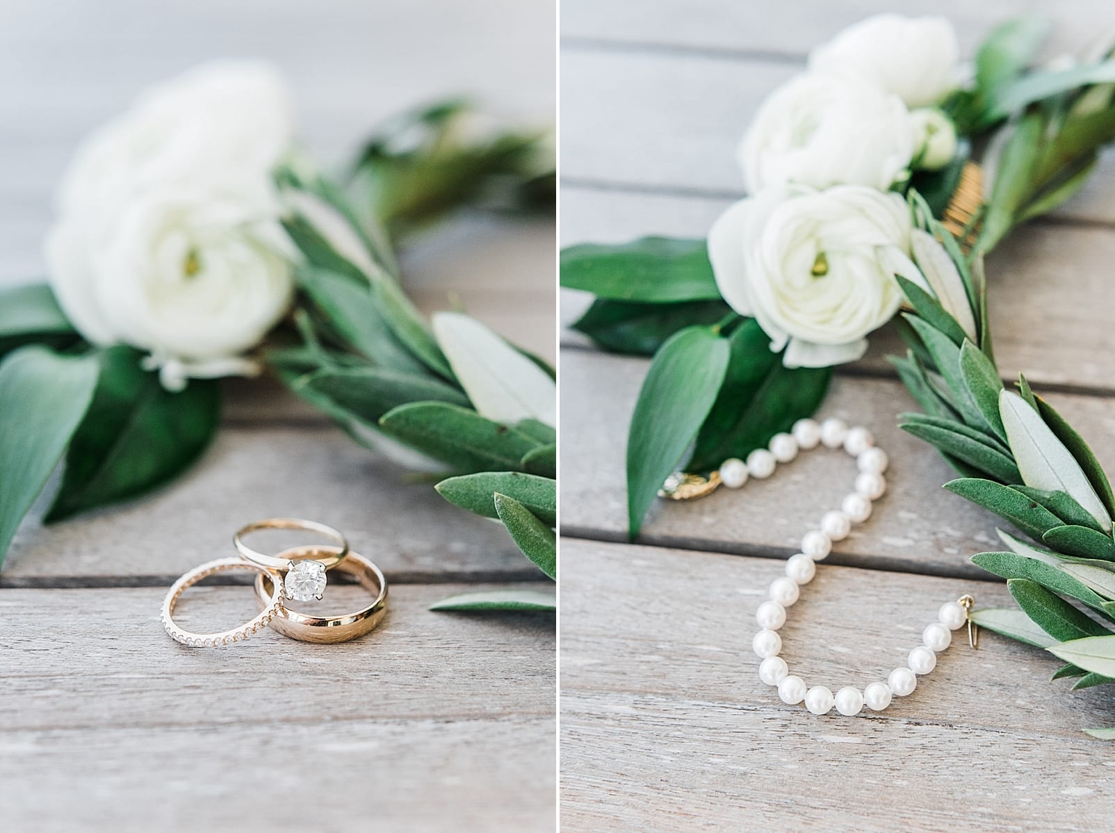 gold engagement ring pearl bracelet wedding band photo