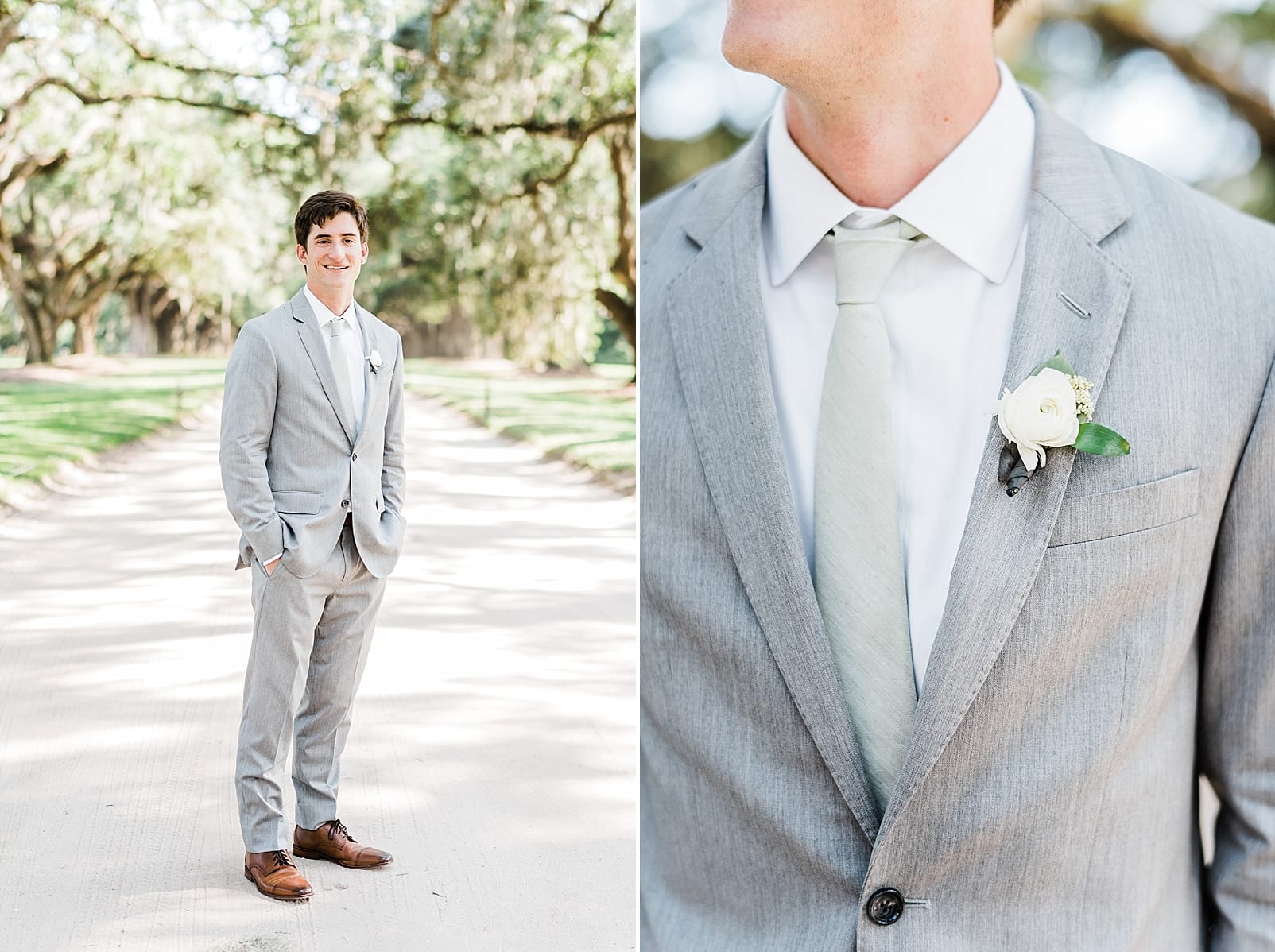 boone hall plantation wedding photographer groom portrait grey suit photo