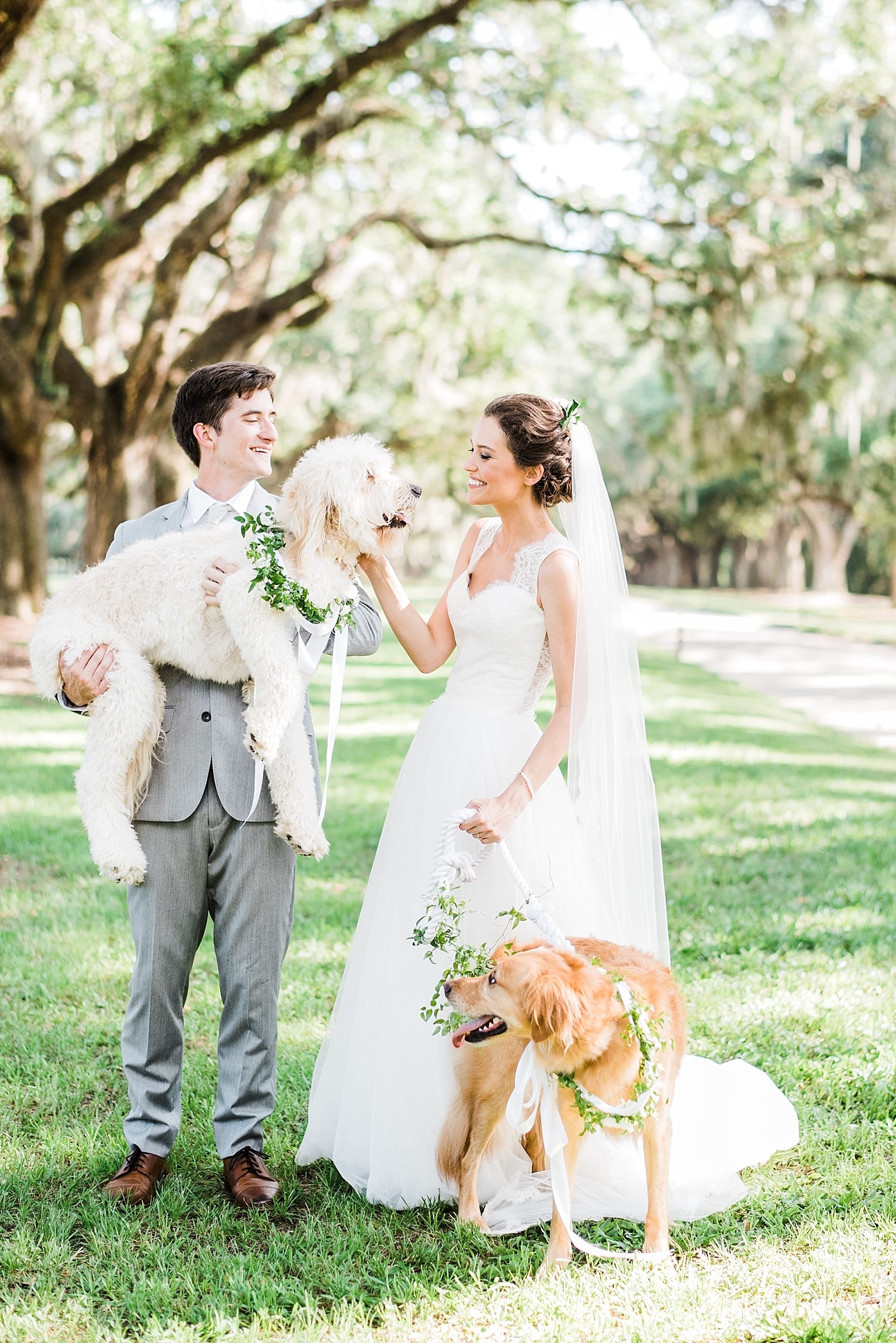 ooh events charleston wedding bride and groom with dogs labradoodle in wedding photo