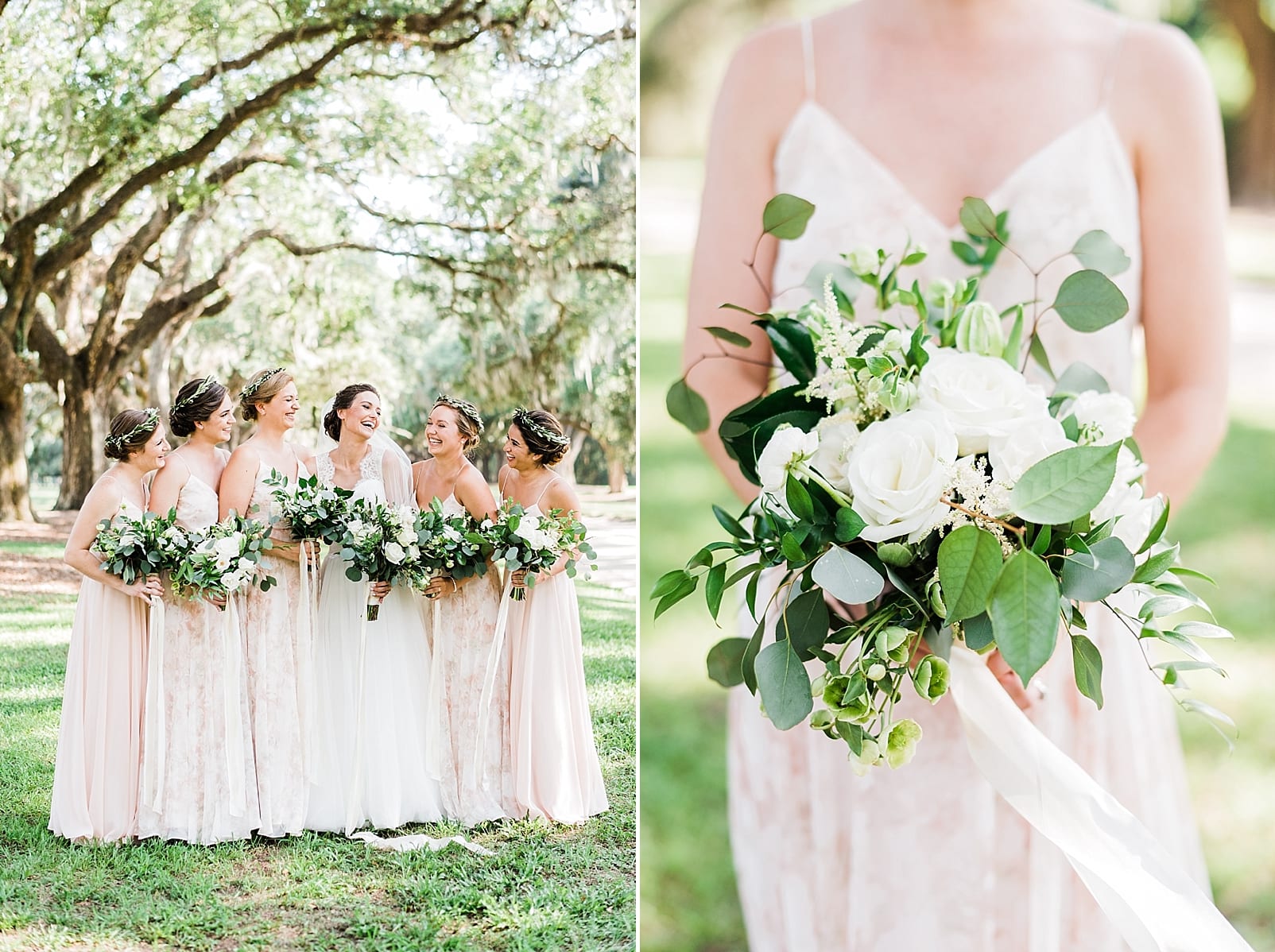 low country wedding photographer bride and bridesmaid out of the garden wedding flowers photo