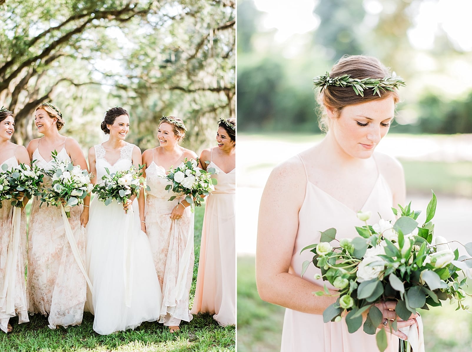 blush bridesmaid dress charleston photographer greenery flower crown photo