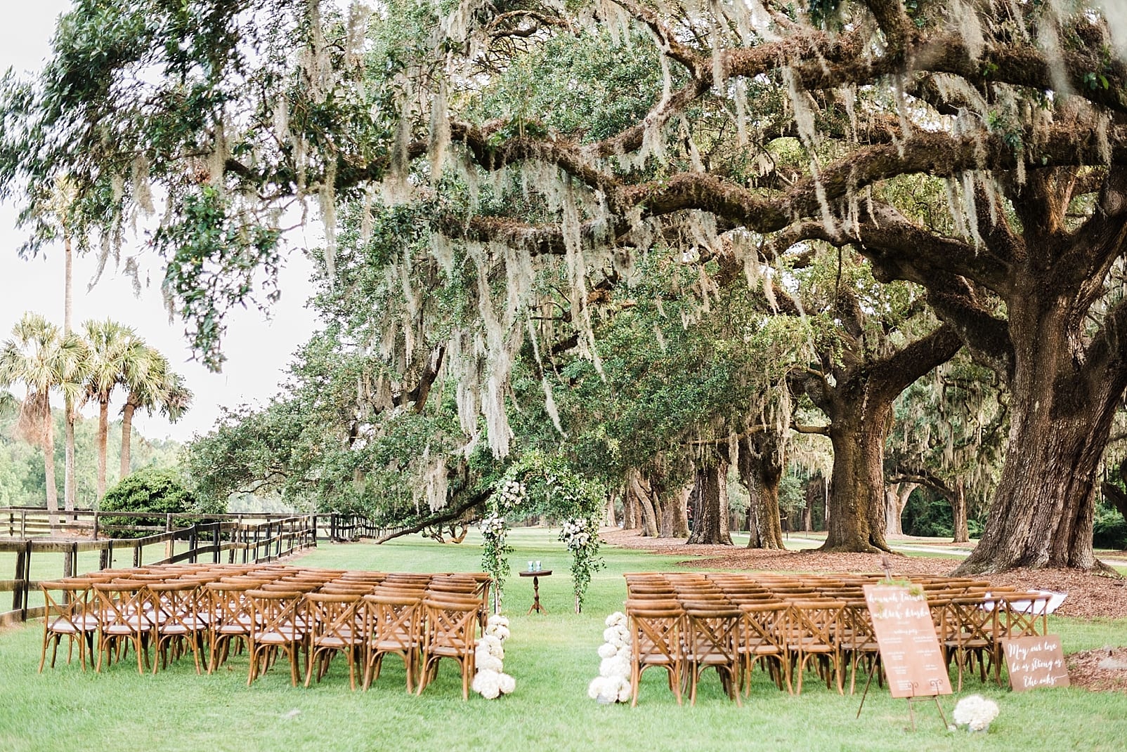 charleston south carolina wedding ceremony spanish moss wooden chairs photo