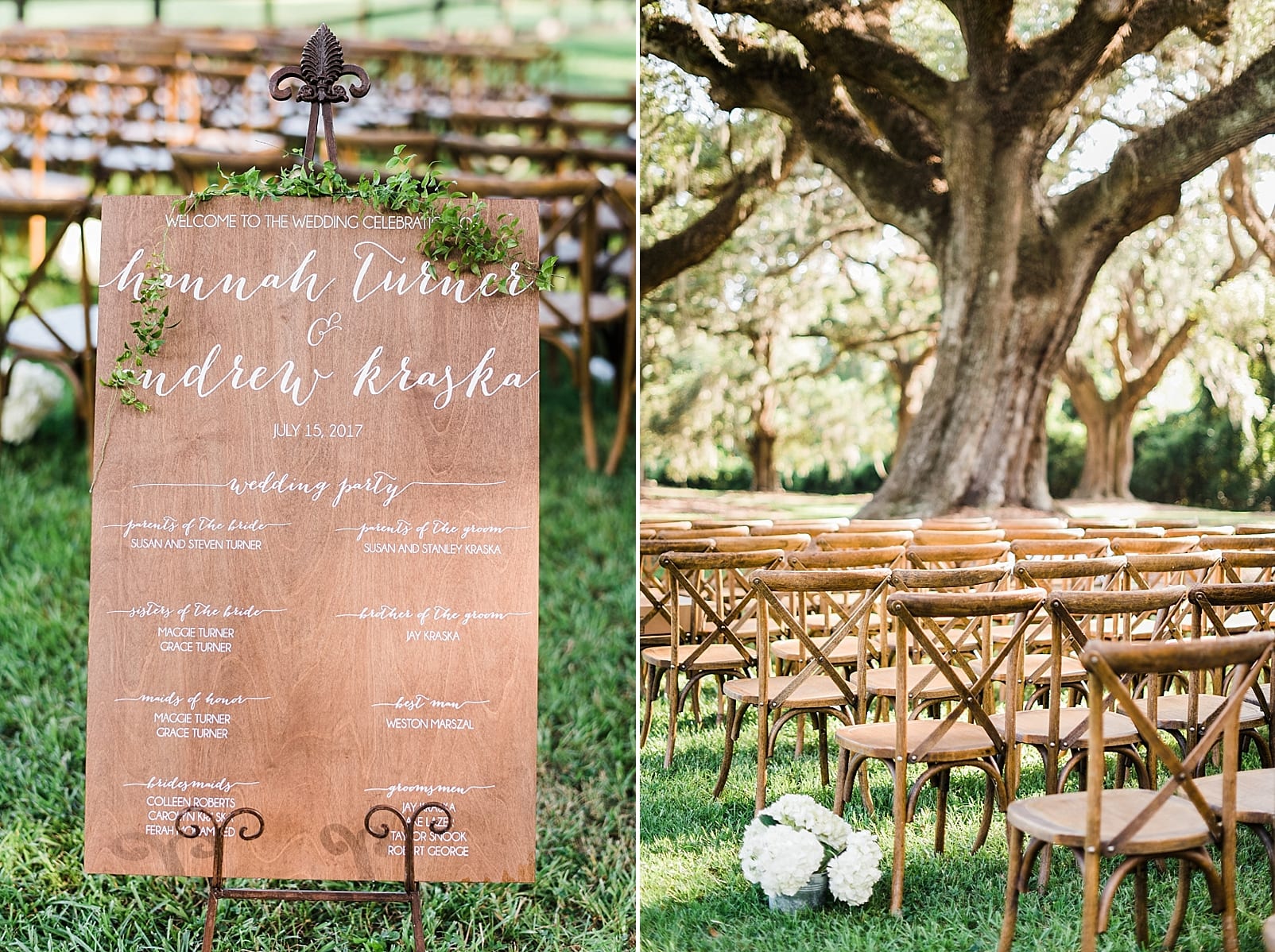 boone hall plantation wedding ceremony wooden sign wood chairs ooh events 