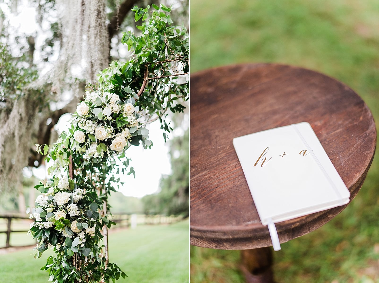 boone hall plantation wedding ceremony vow book white florals and greenery ceremony flowers photo
