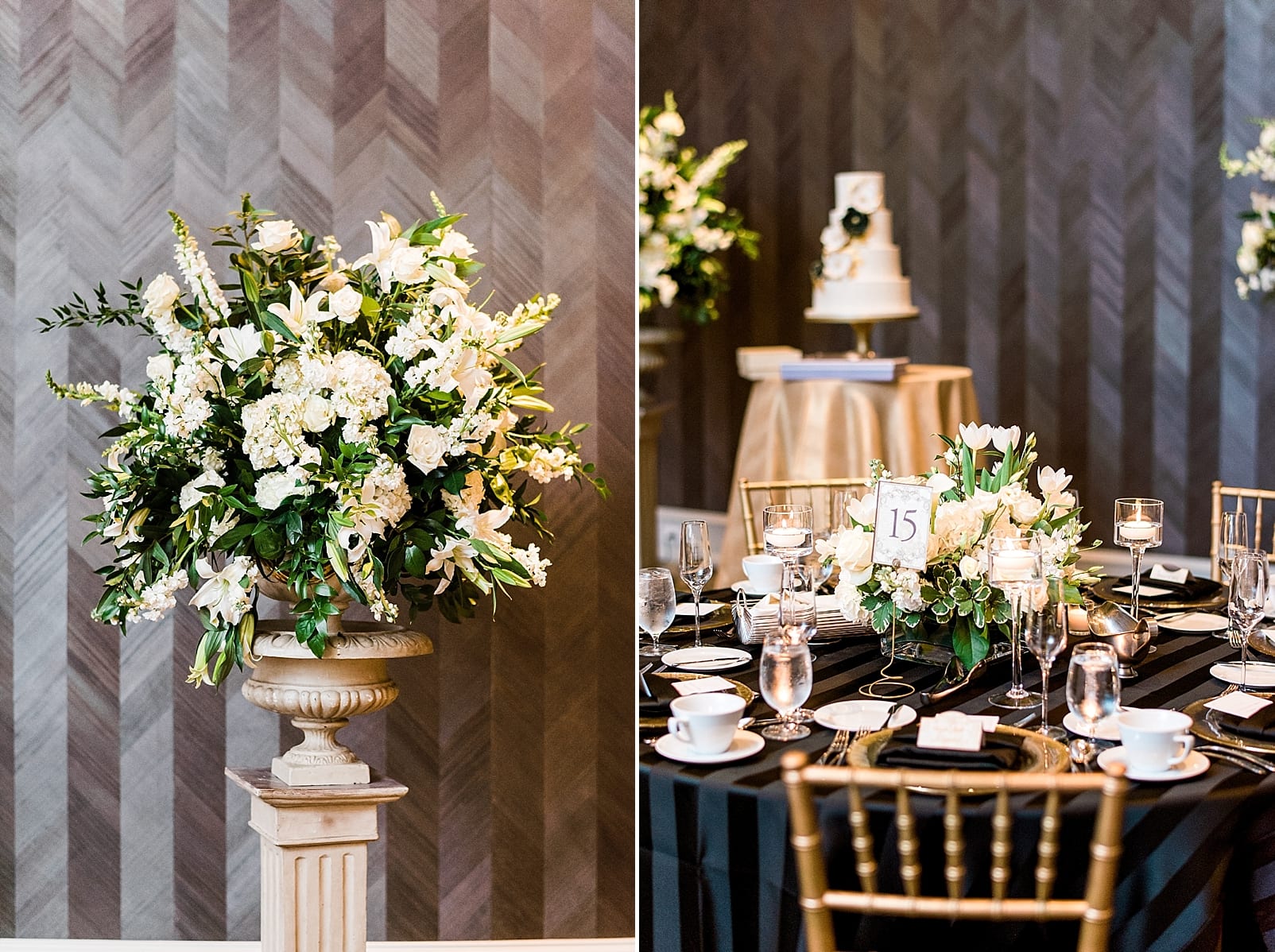 raleigh north carolina wedding photographer black and gold wedding reception inspiration white florals for reception photo