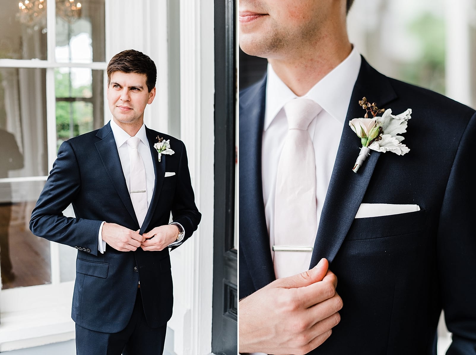 downtown raleigh wedding venue merrimon wynne wedding photographer groom in blush tie inspiration photo