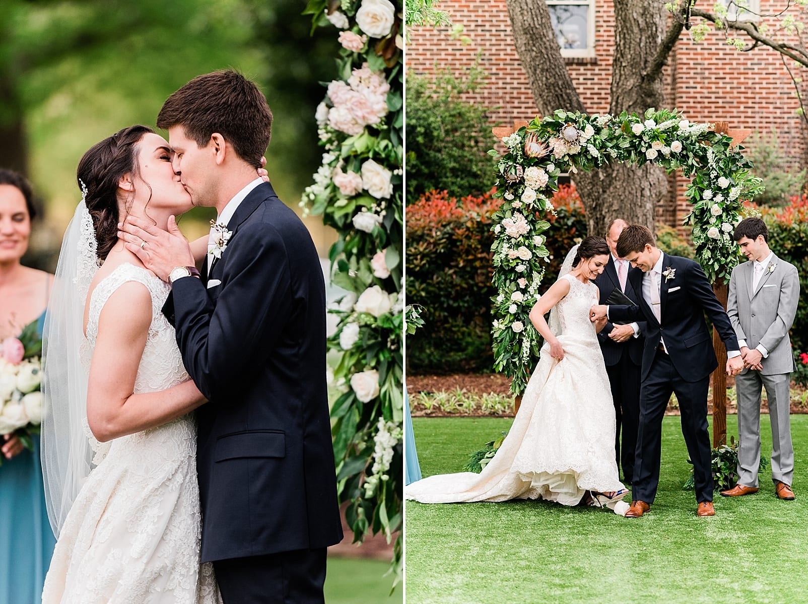 raleigh wedding photographer first kiss smashing the glass outdoor spring wedding photo