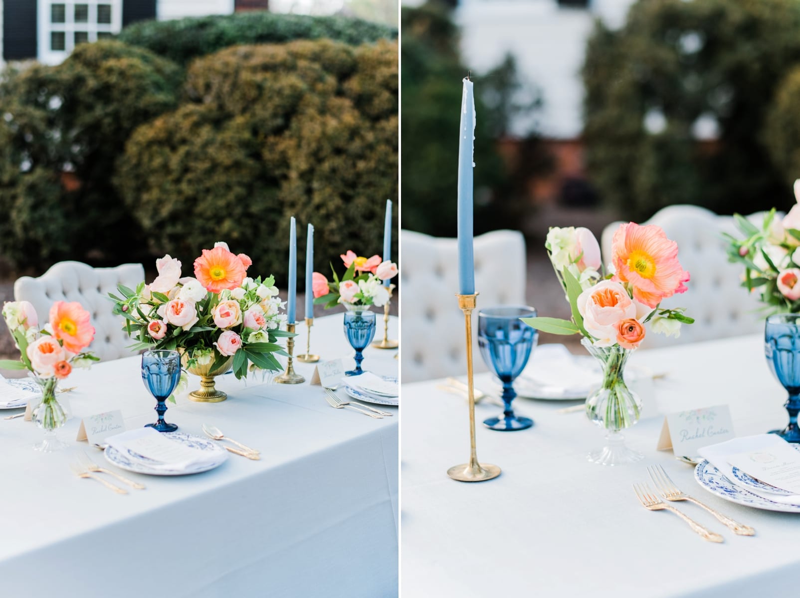 Greenhouse picker sisters reception table decor with light blue taper candles and peach florals photo
