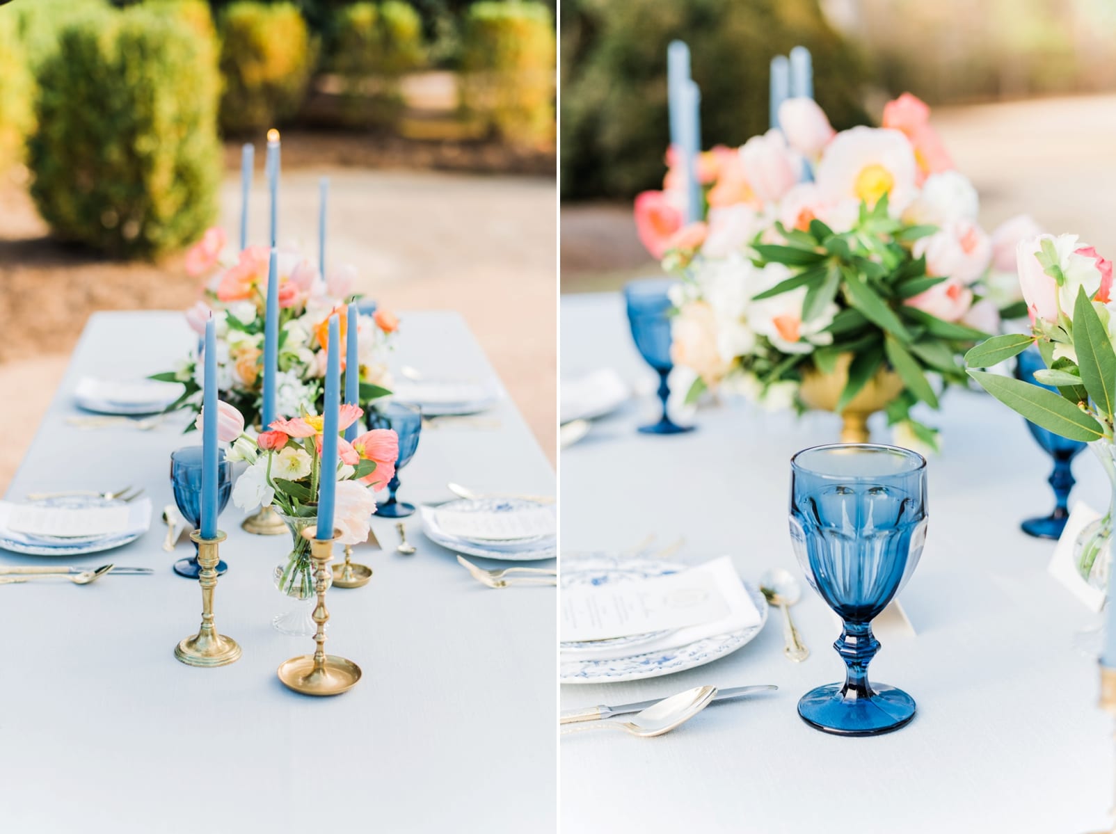 Greenhouse picker sisters reception table with taper candles and blue glasses photo