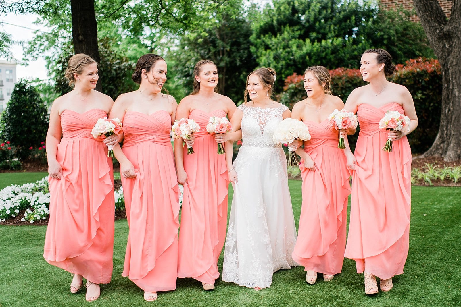 merrimon wynne bridal party walking in pink dresses photo 