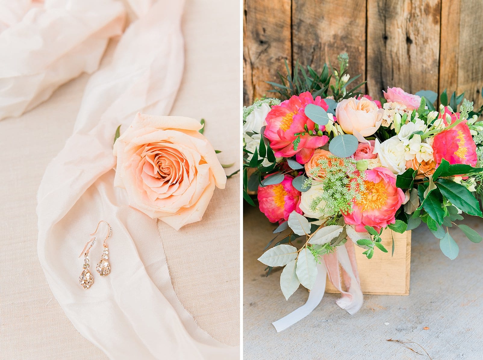 Wild Flora Farm bridal bouquet with bright coral and peach flowers and greenery photo
