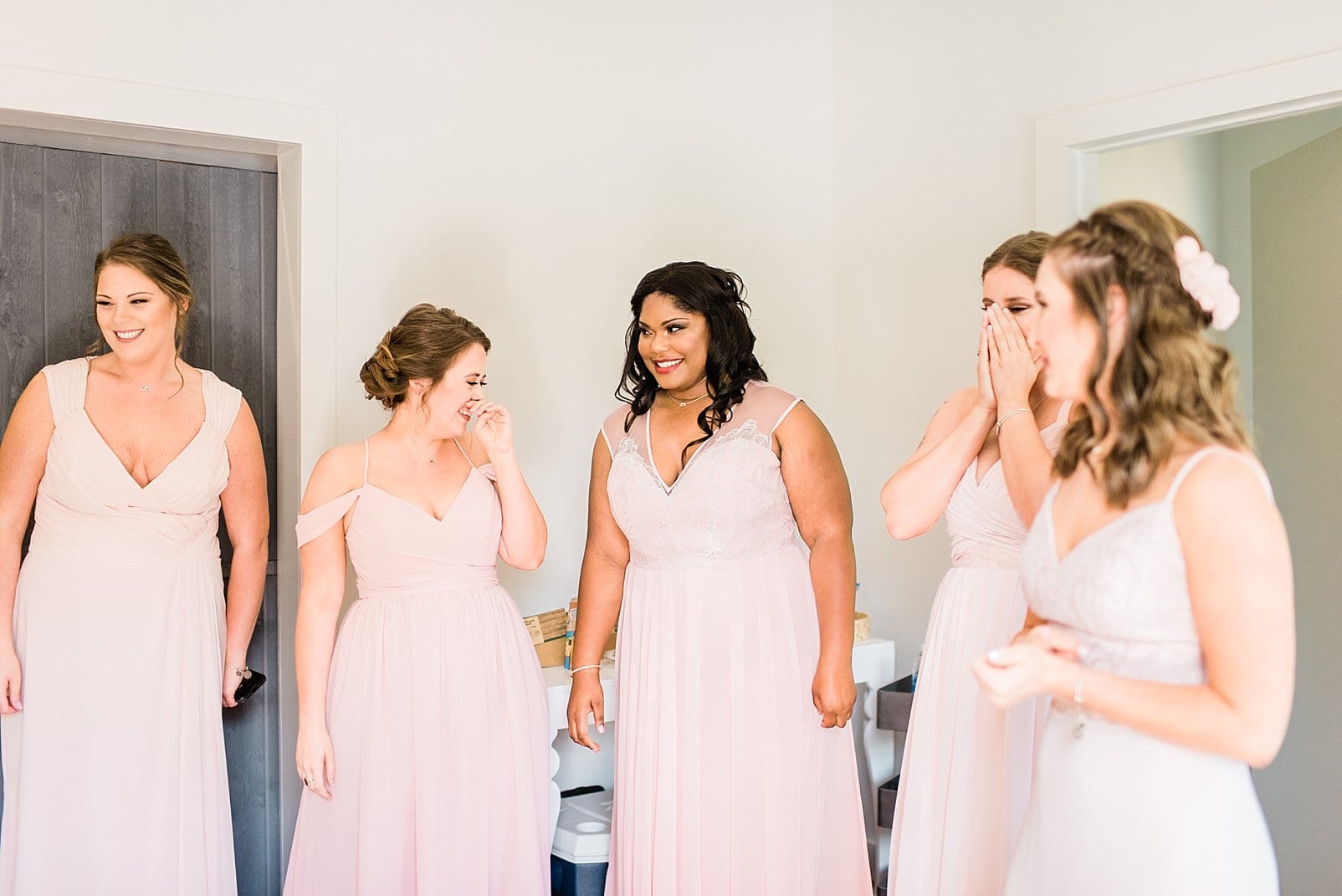 barn at chapel hill bridesmaids in long peach gowns photo