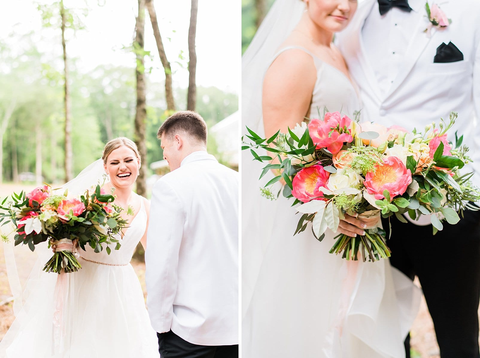 wild Flora Farm bridal bouquet with bright coral and peach flowers photo