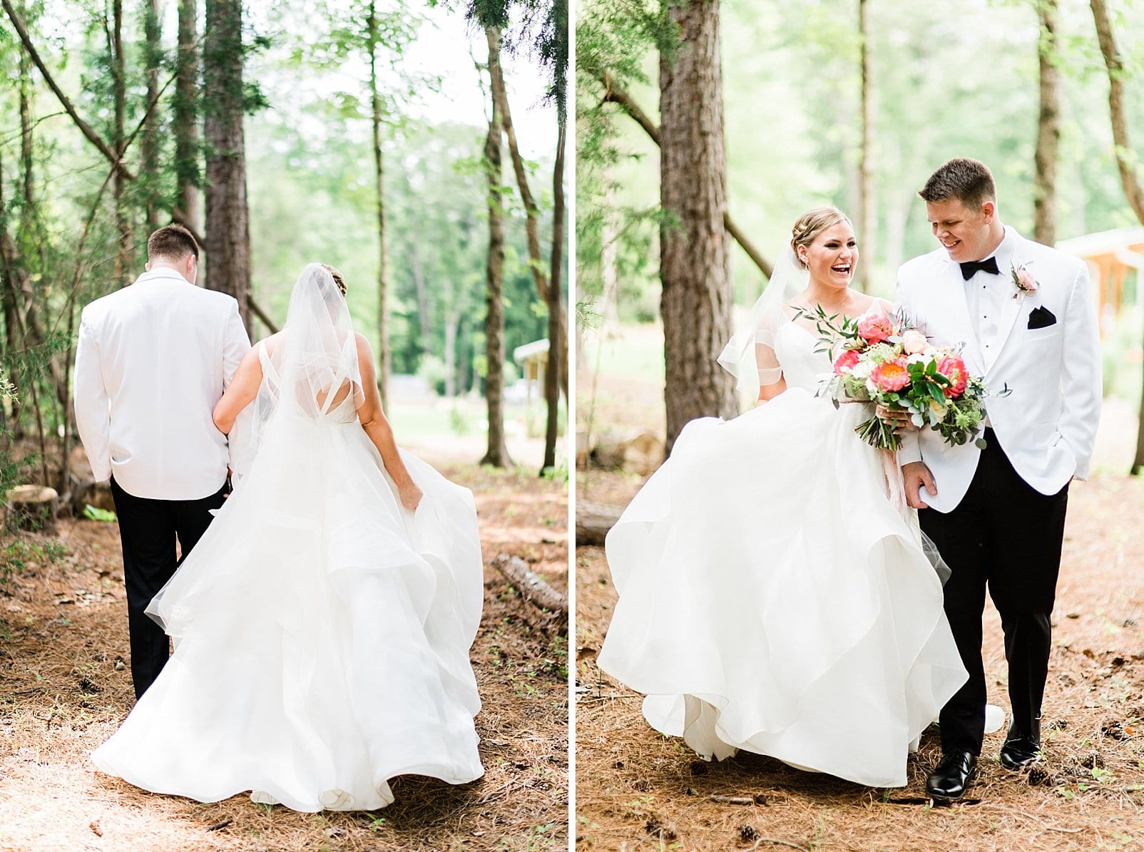 barn at chapel hill bride and groom walking through forest photo
