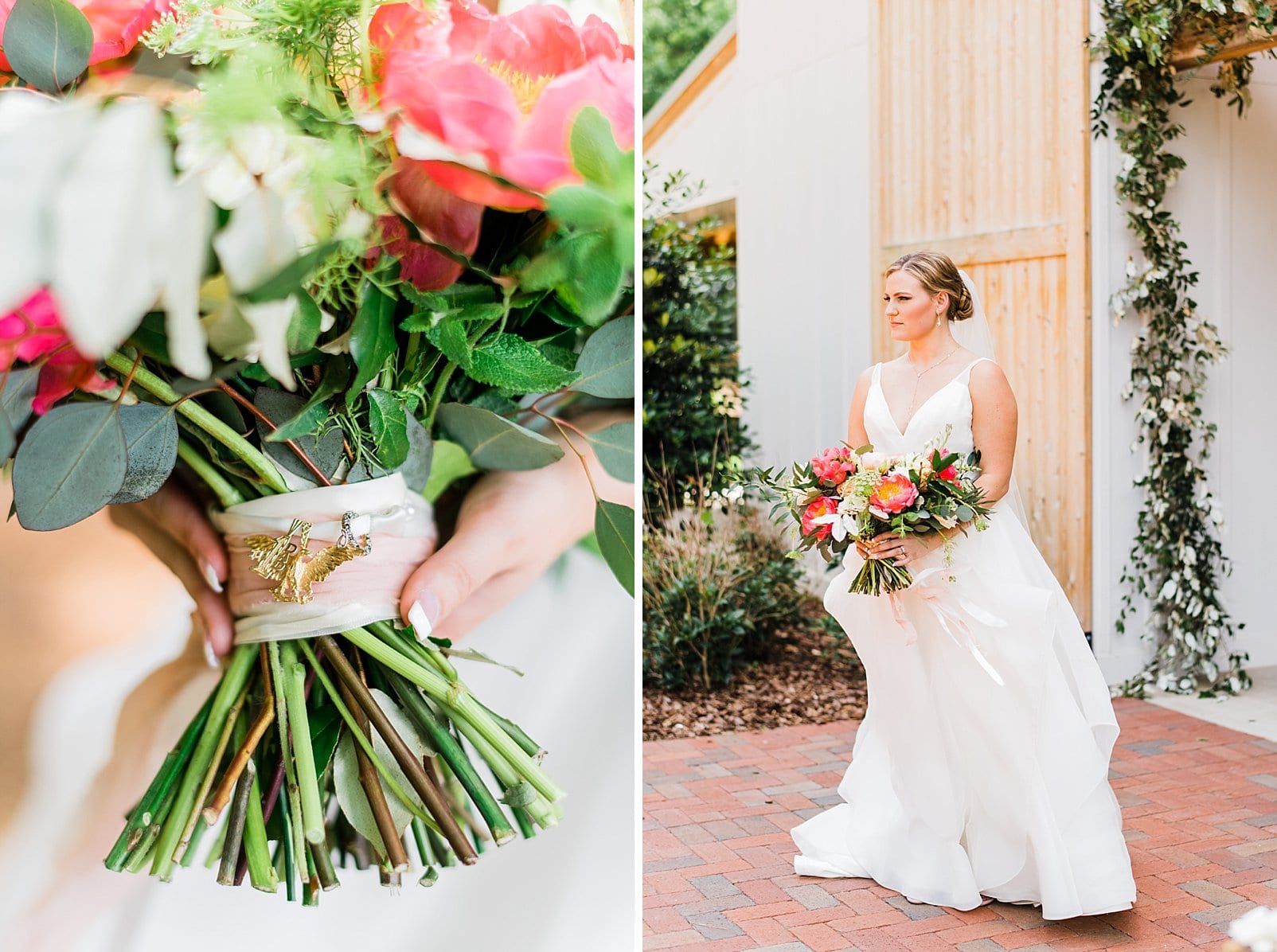 wild flora farm bridal bouquet with coral and peach flowers photo
