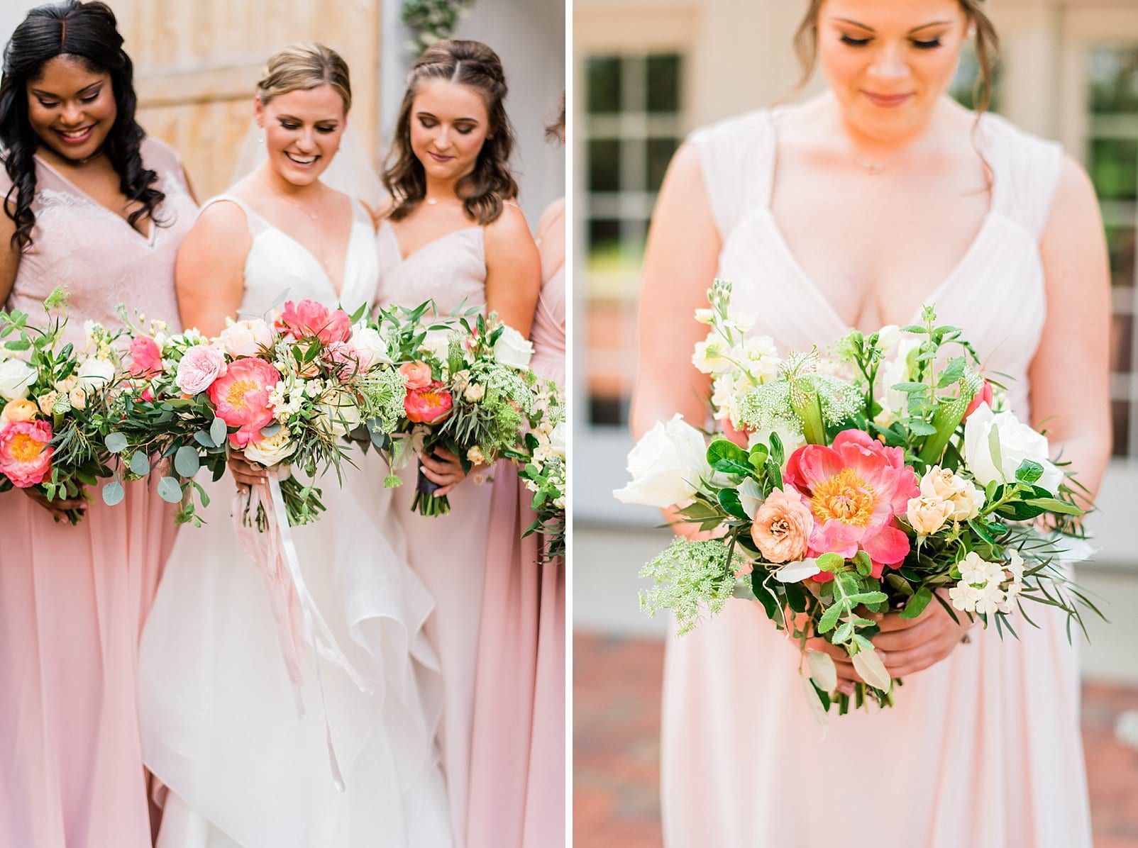 Wild Flora Farm bridesmaid bouquet with coral, peach and white flowers photo