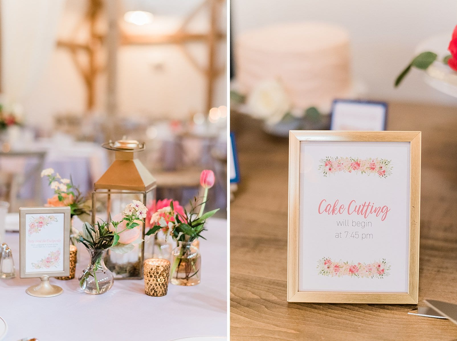 barn at chapel hill reception table with gold lantern and table number frames photo