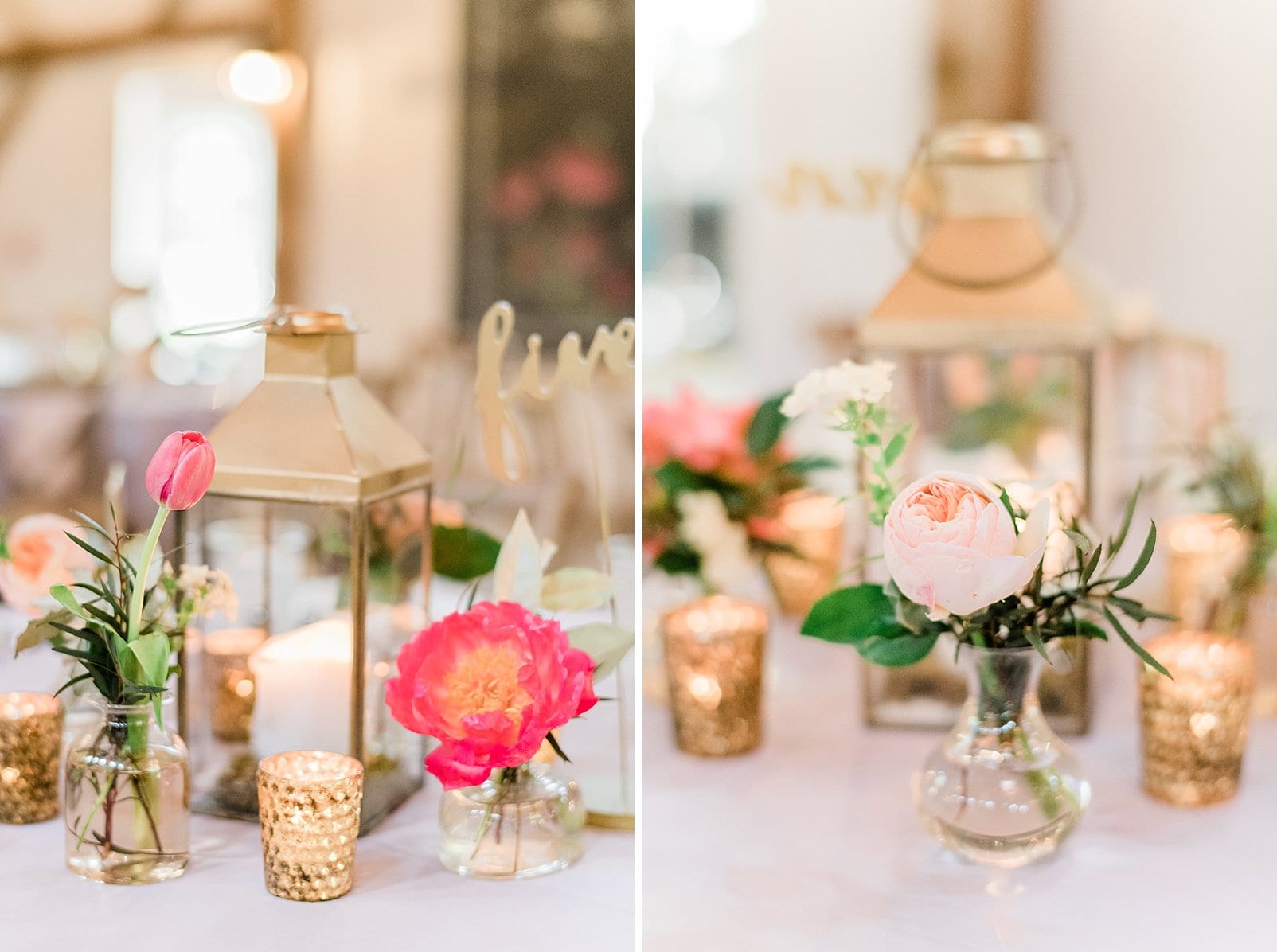 chapel hill, nc reception table with fresh flowers and gold lanterns photo