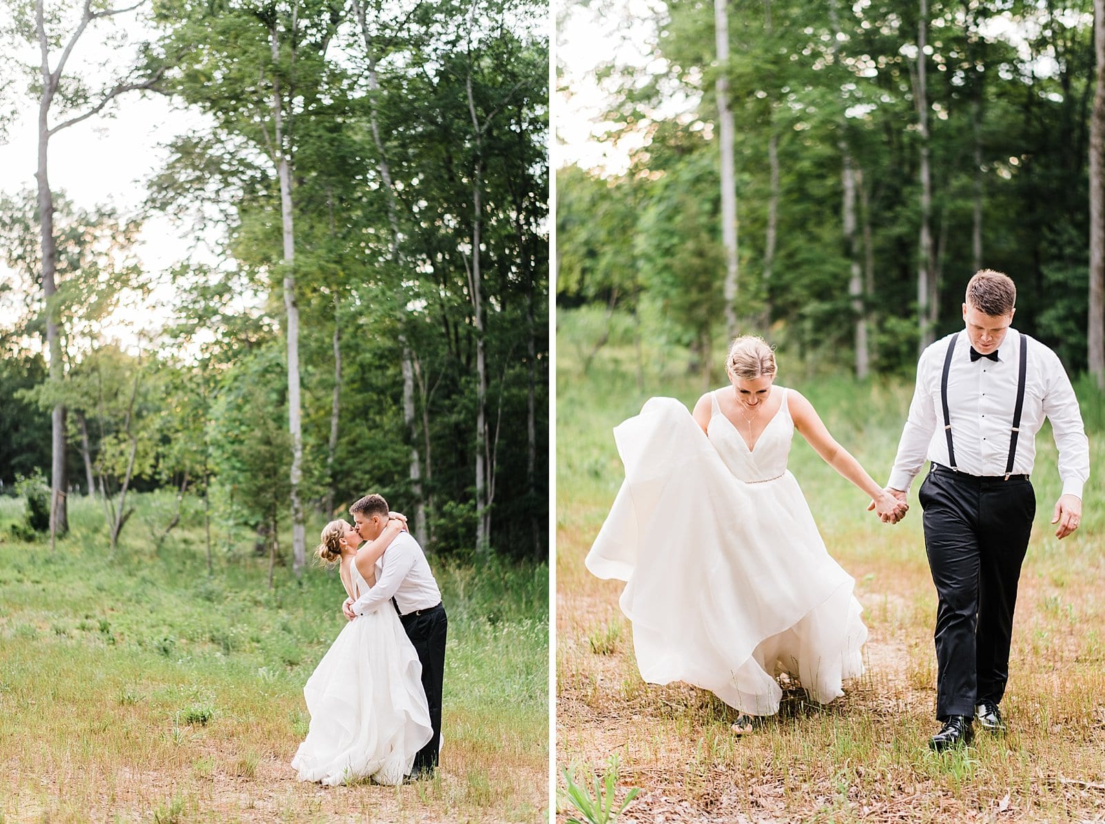 barn at chapel hill bride and groom walking in forest photo