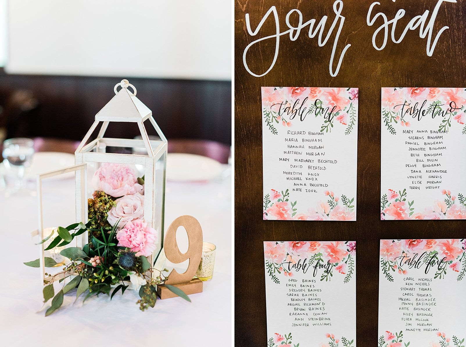downtown wedding in raleigh, nc table number and seating chart with floral watercolor details photo