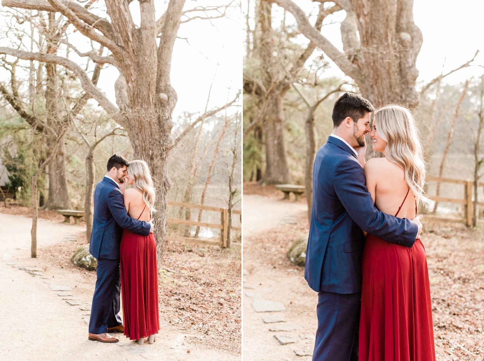 Raleigh outdoor engagement session woman in open back red dress photo