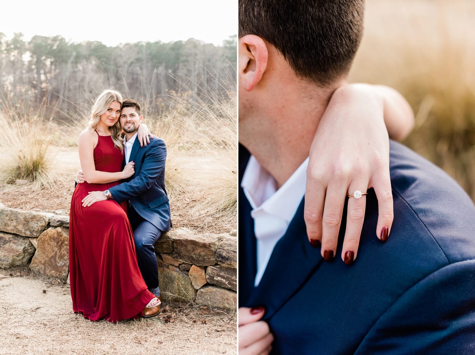 raleigh outdoor engagement session sitting in her grooms lap on a rock wall photo