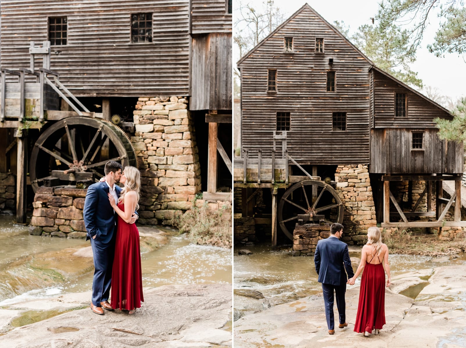 Yates Mill Park engagement session couple walking towards an old barn photo