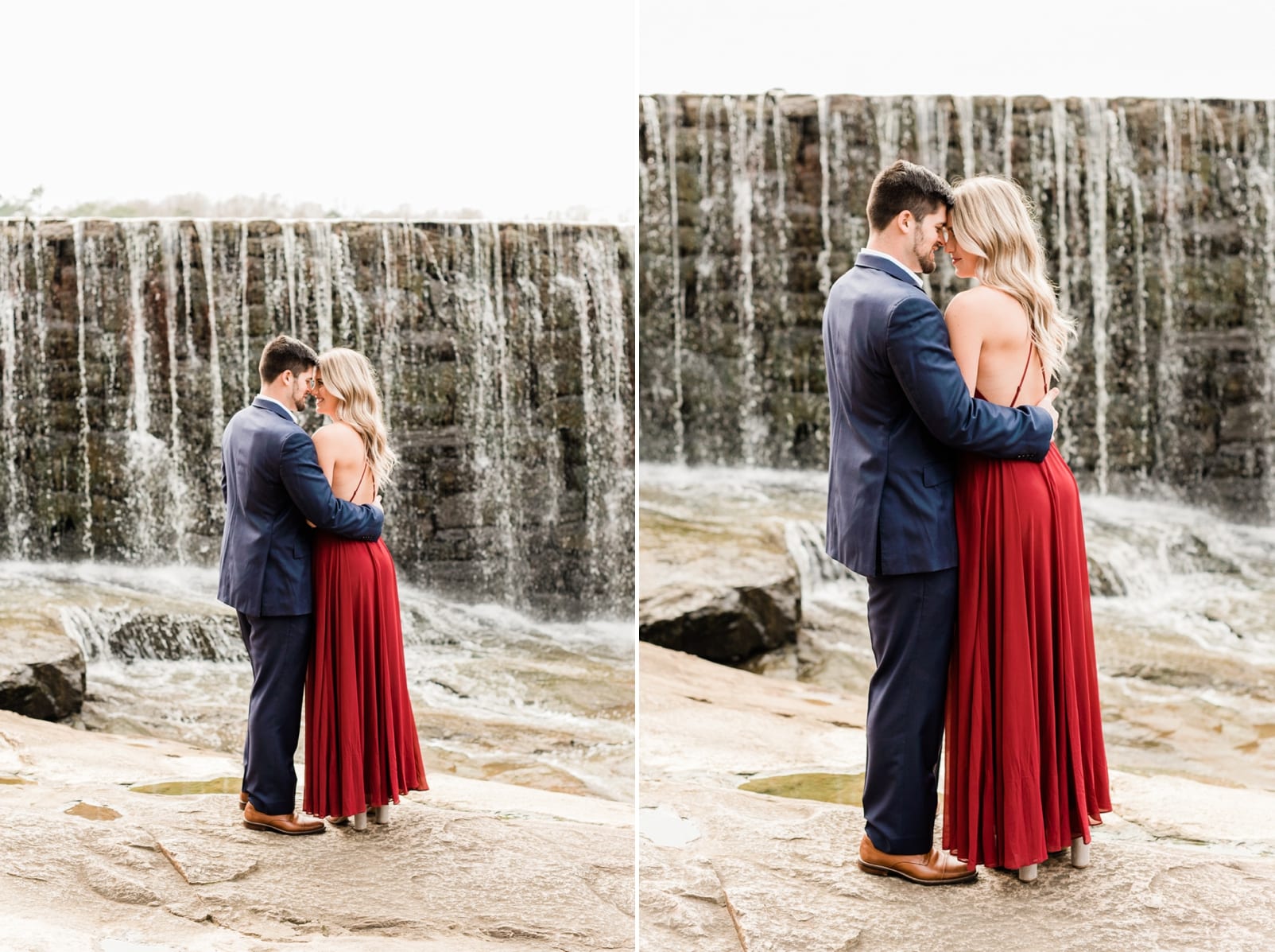 yates mill park engagement session with couple cuddled up in front of a waterfall photo