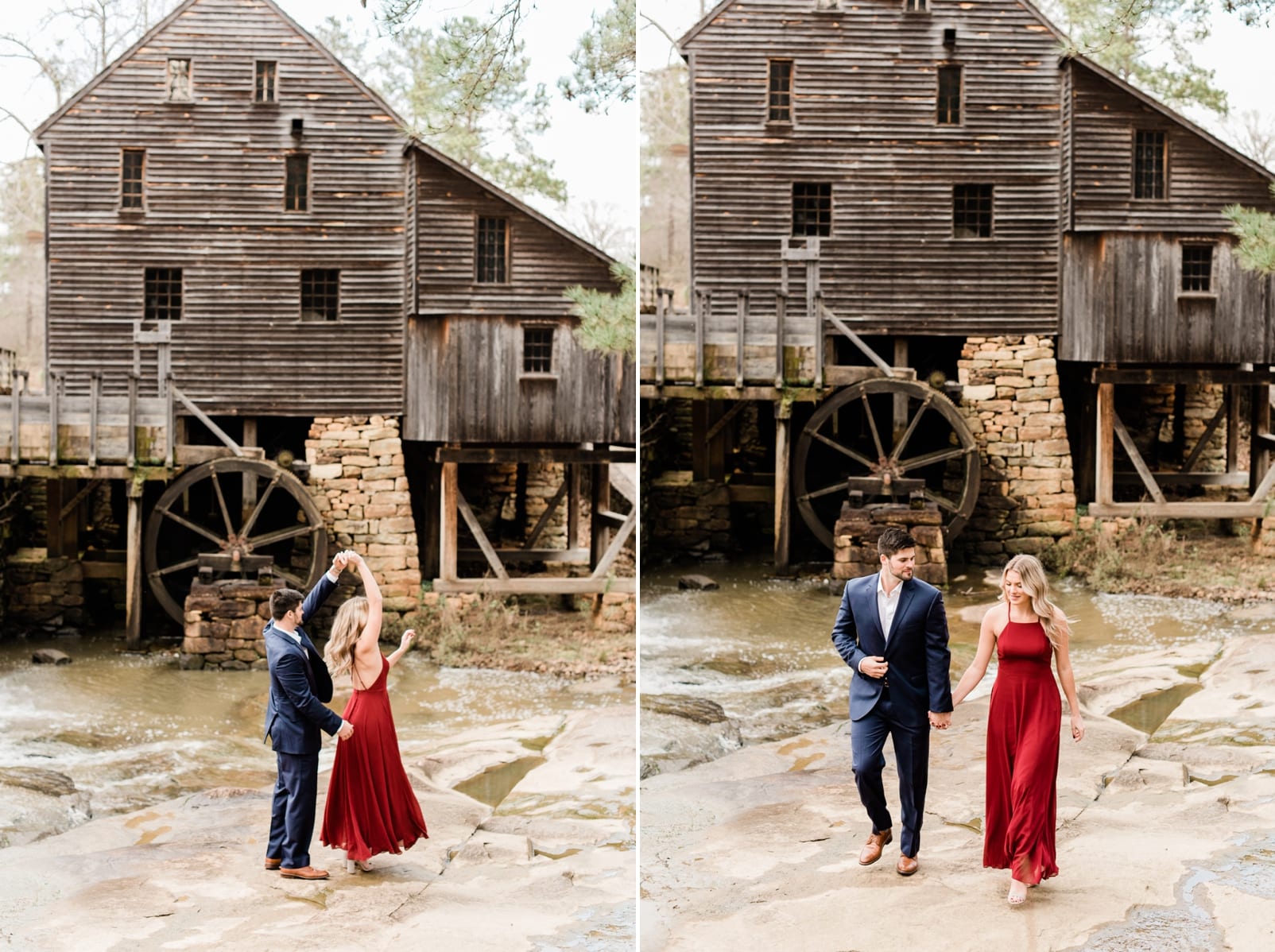 Raleigh, NC couple dancing in front of an old mill photo