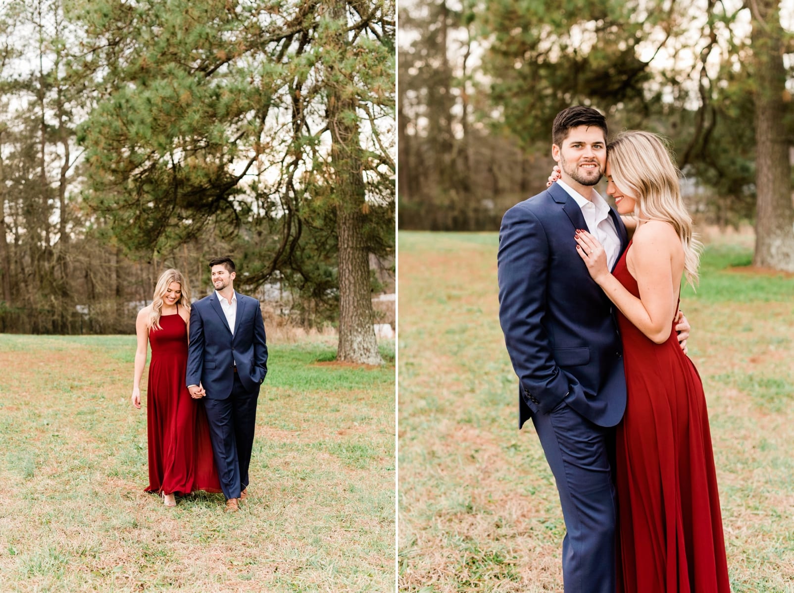 Raleigh engagement photographer couple walking through tree lined field in a blue suit and long red dress photo