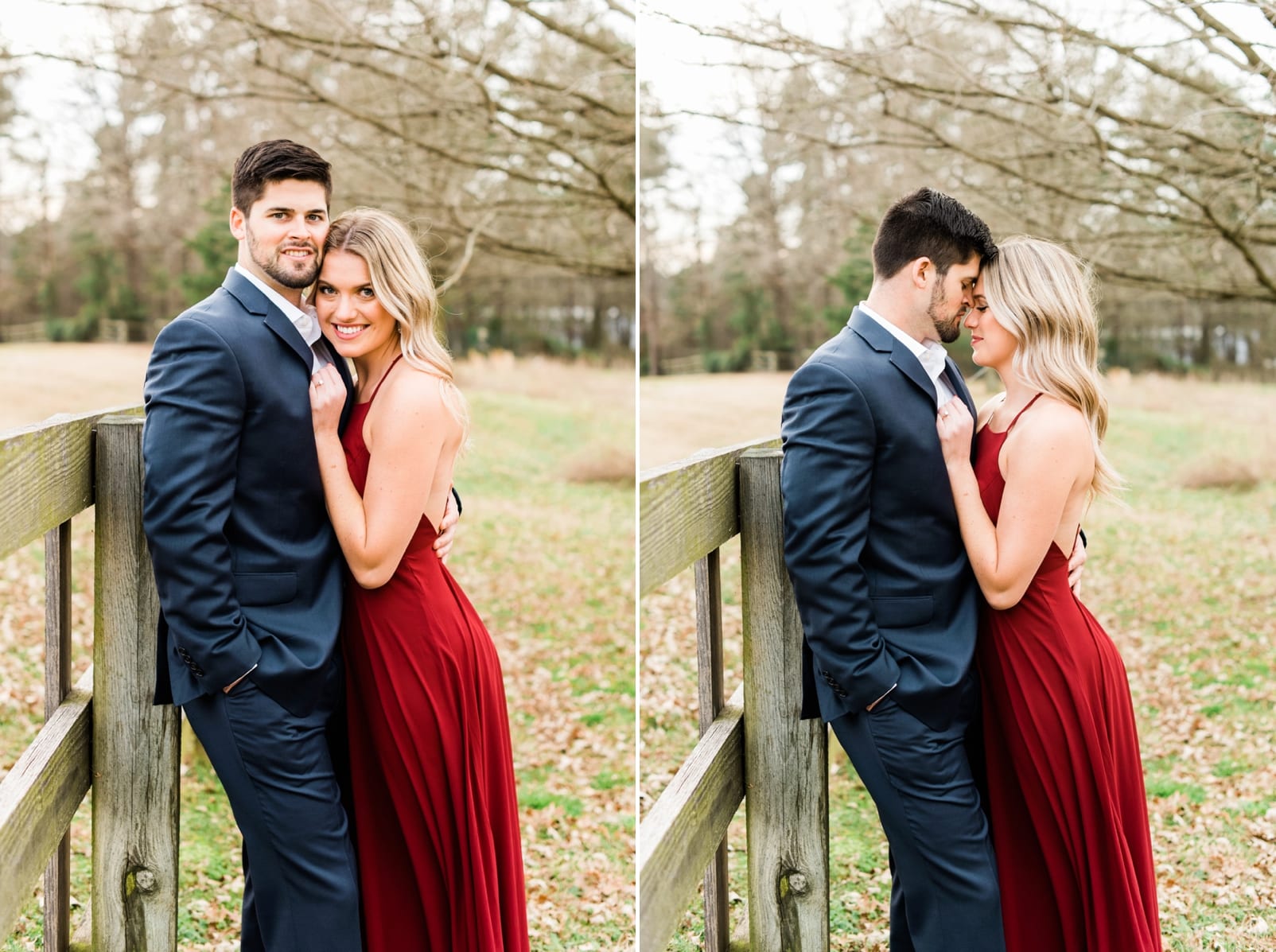 Raleigh, NC couple leaning into each other against a wooden fence photo