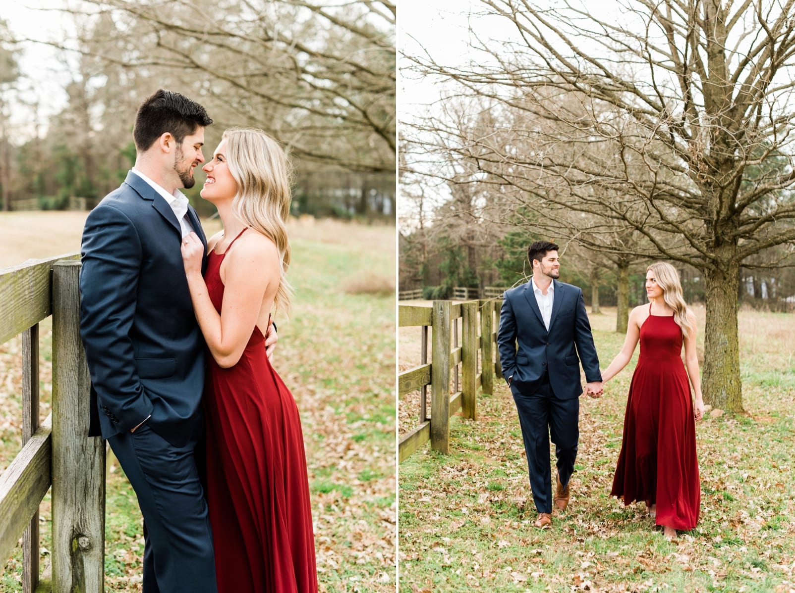 Raleigh engagement portraits of the couple walking hand in hand through a field with a wooden fence photo