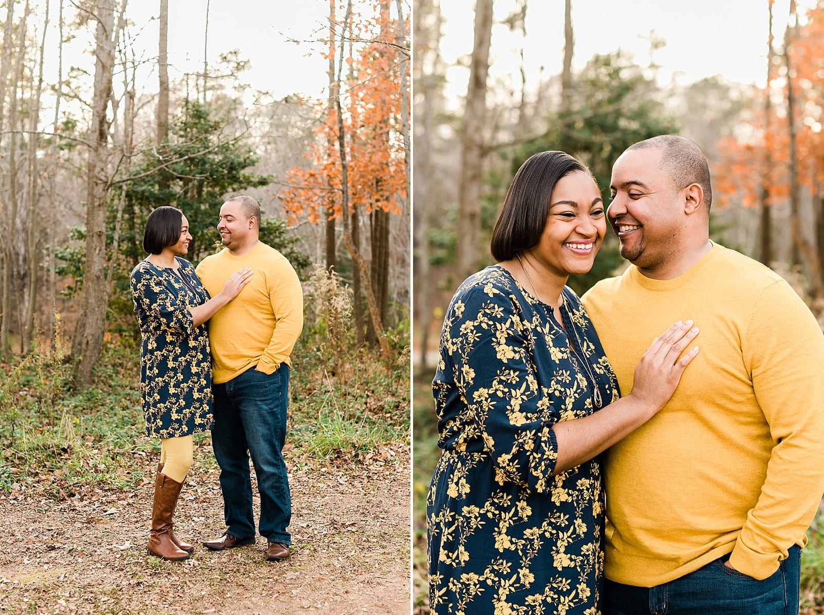 Wake Forest couple laughing with each other in front of the forest photo
