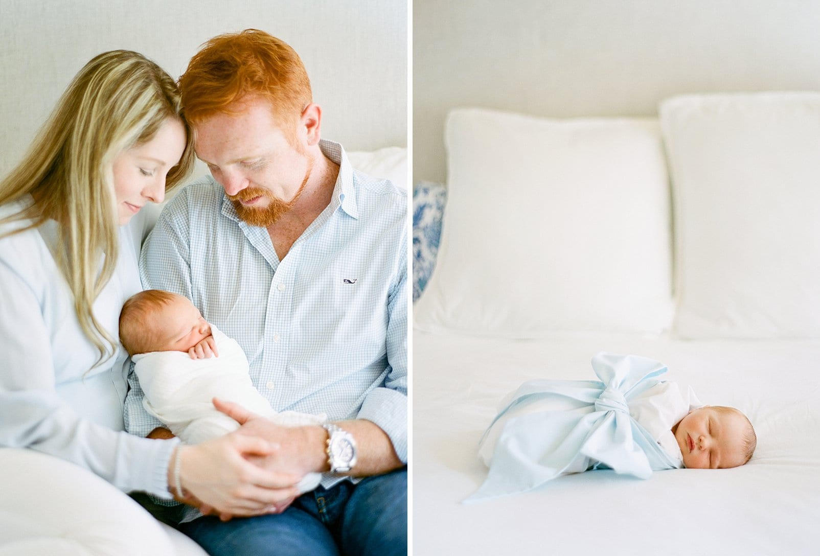 asheville, nc newborn son with a white swaddle and big blue bow photo