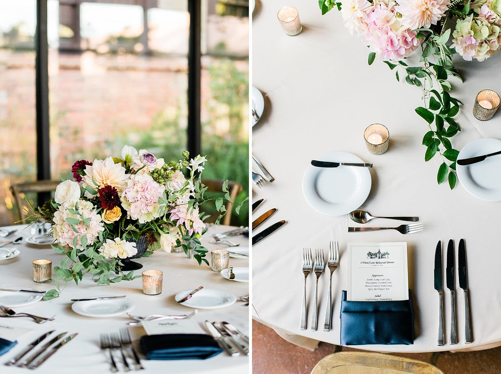 Deerpark Rehearsal dinner place setting with navy napkins and Darling Dogwood Florals photo