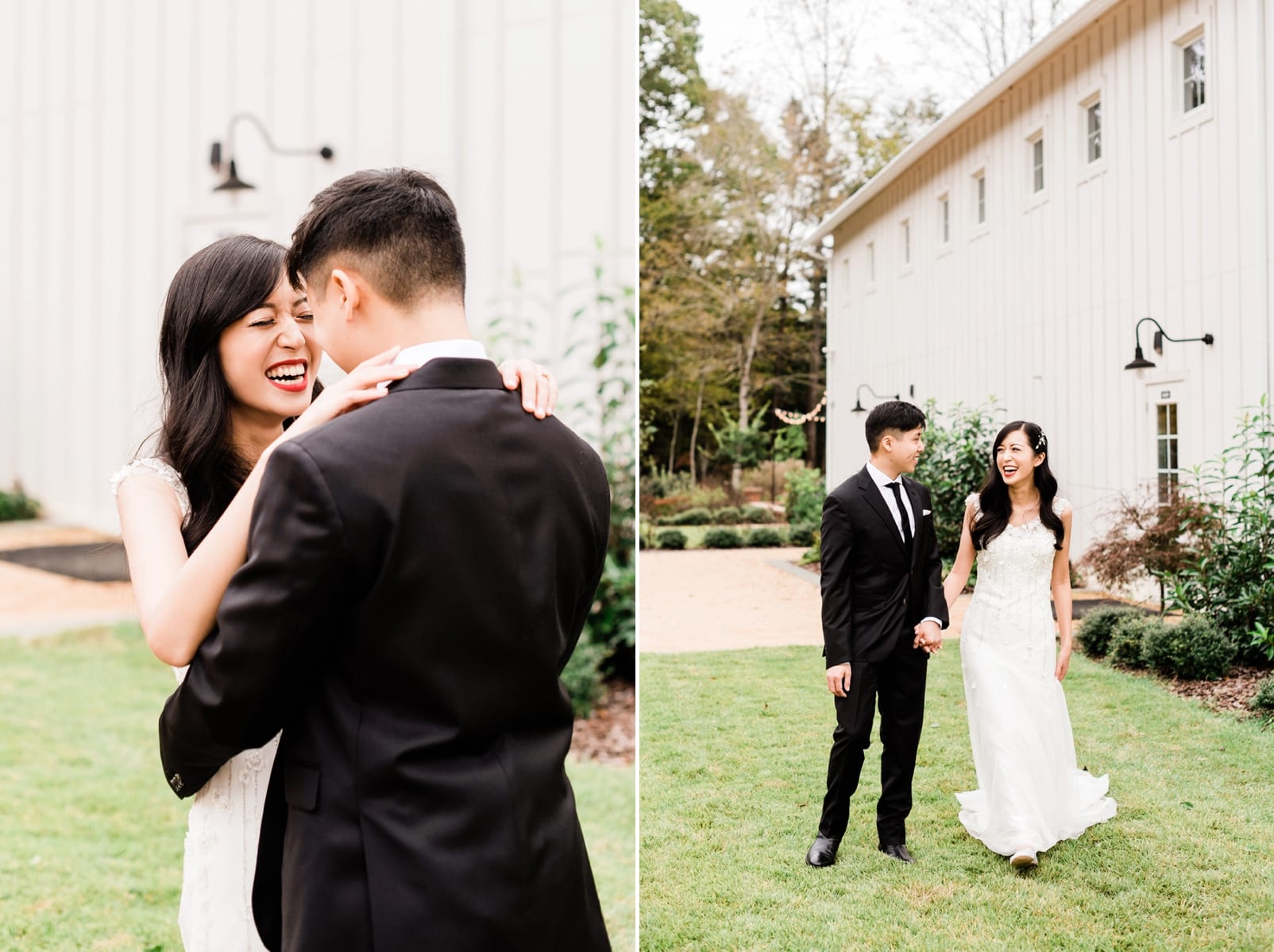 Barn of Chapel Hill bride and groom walking together photo