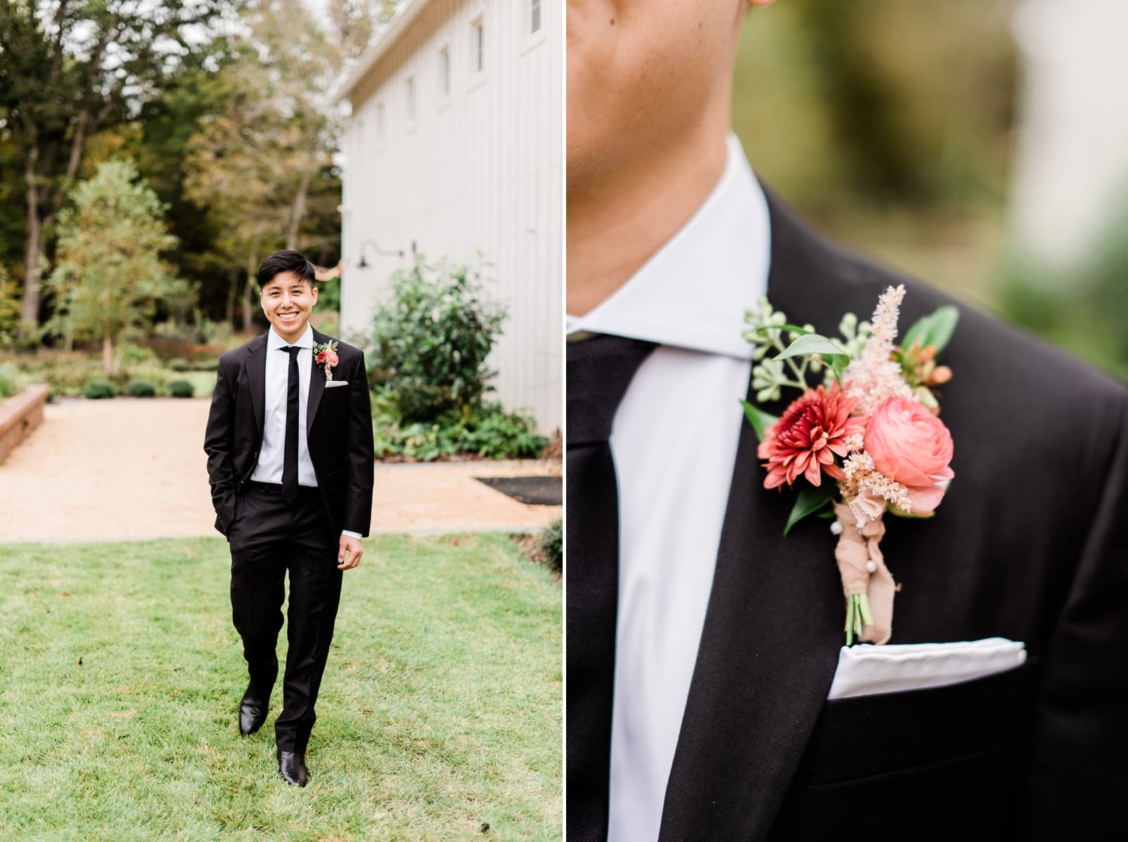 Barn of Chapel Hill at Wild Flora Farm groom walking and close of boutonniere with bright orange flower photo