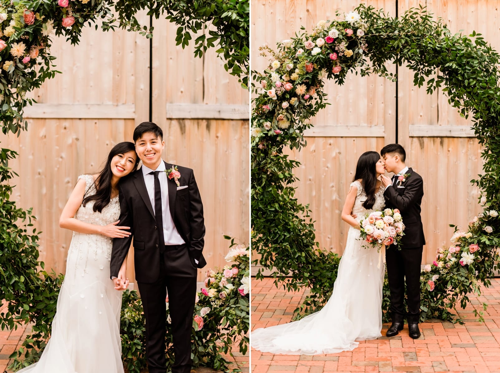 Barn of Chapel Hill bride and groom in front of large circle wreath floral installation photo