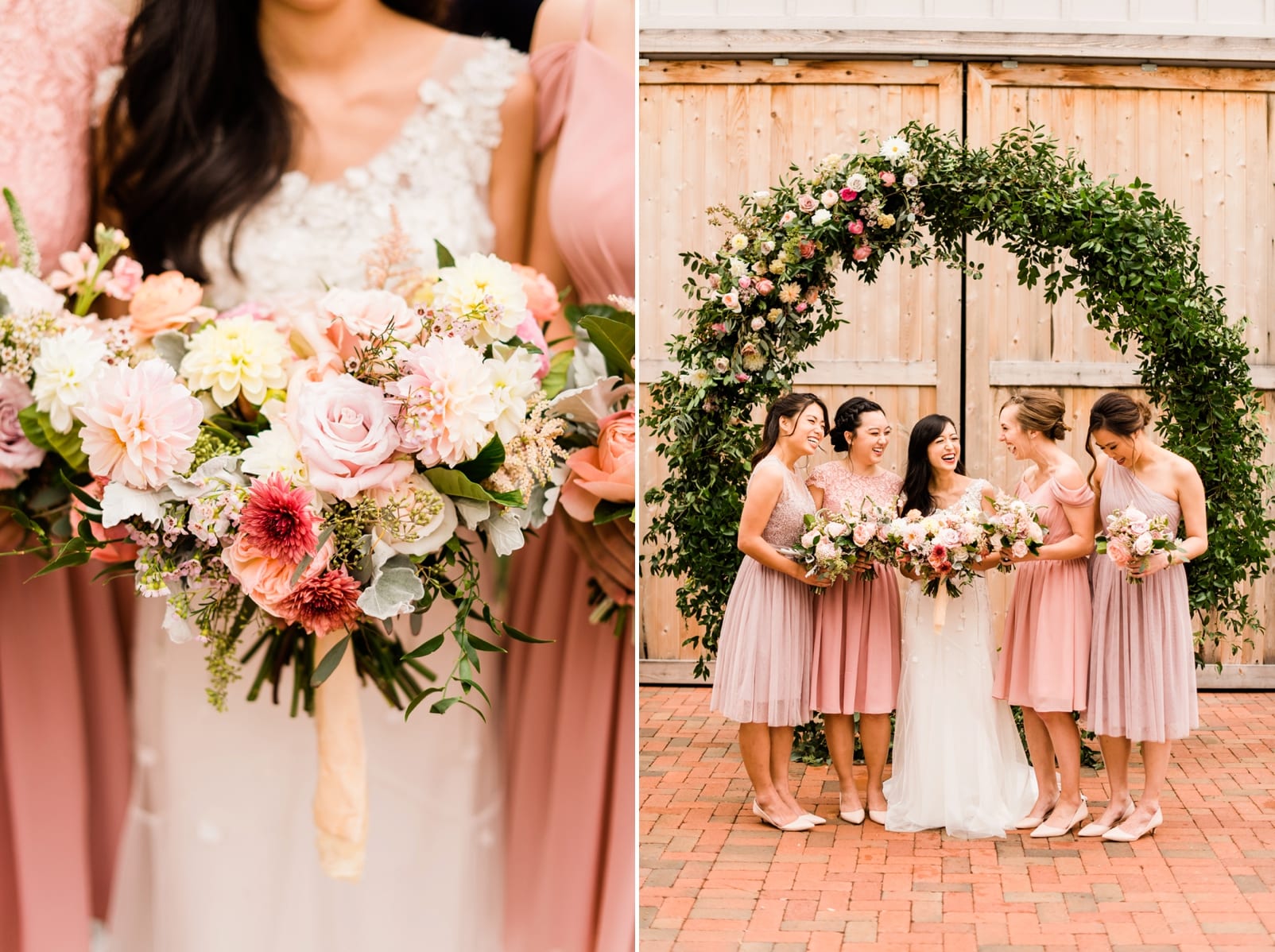 Tulle & Chantilly light pink, knee length bridesmaid dresses in front of large circle wreath floral installation photo