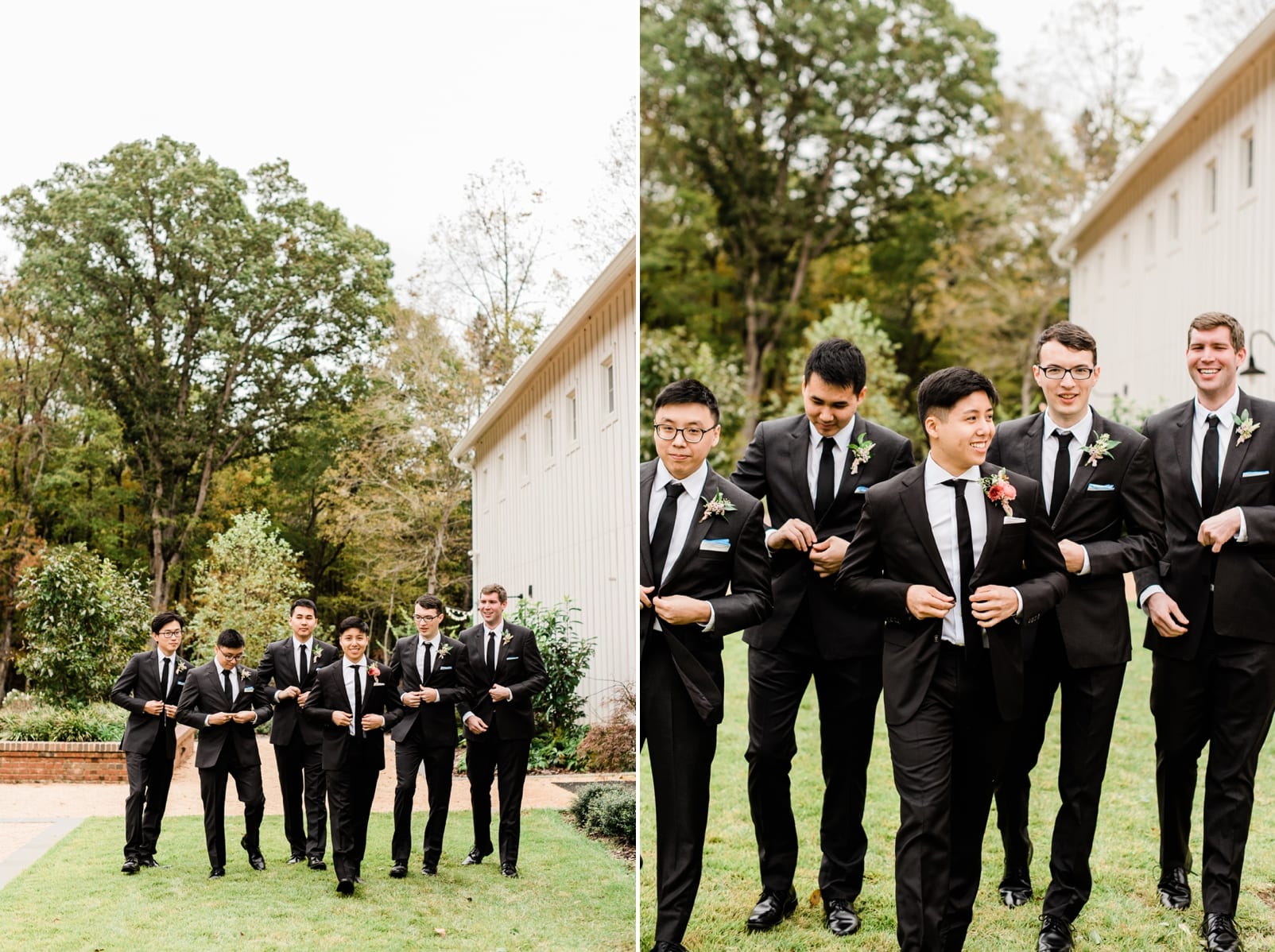 Barn of Chapel Hill groomsmen walking with the groom buttoning their jackets photo
